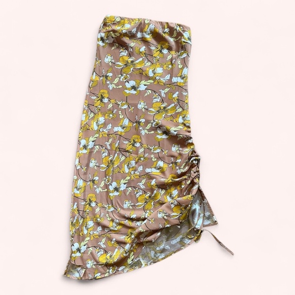 Gold Hawk Orange Tan Floral Silk Strapless Elegant Midi Dress NWOT Sample Size S - Picture 2 of 4